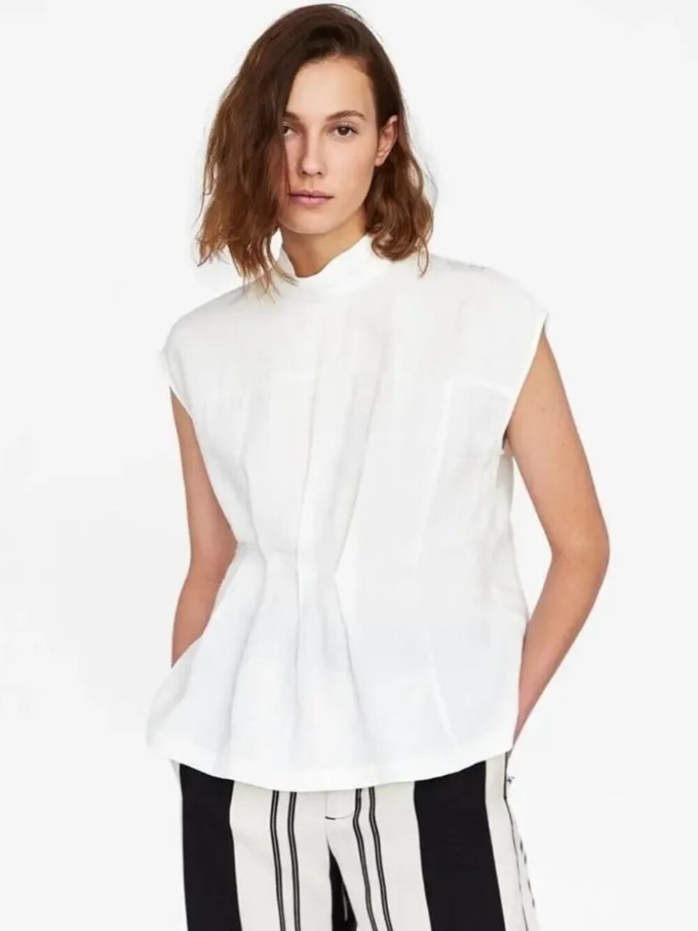 Zara asymmetric pleated linen blouse - S - white